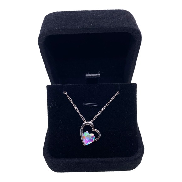 Imitation Silver Iridescent Rhinestone Gemstone Two Hearts In One Necklace - Picture 2 of 7
